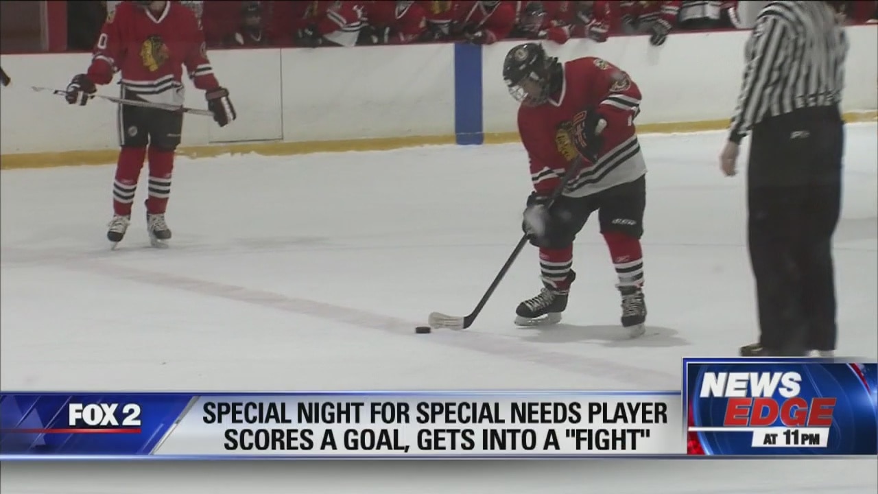 Special needs player scores hockey goal, gets into "fight"