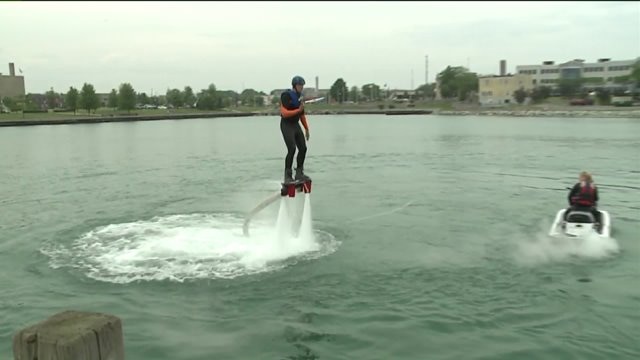Chip straps a flyboard to his feet and soars through the air