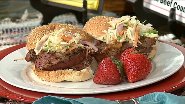 The Beef Lady prepares bacon wrapped burgers