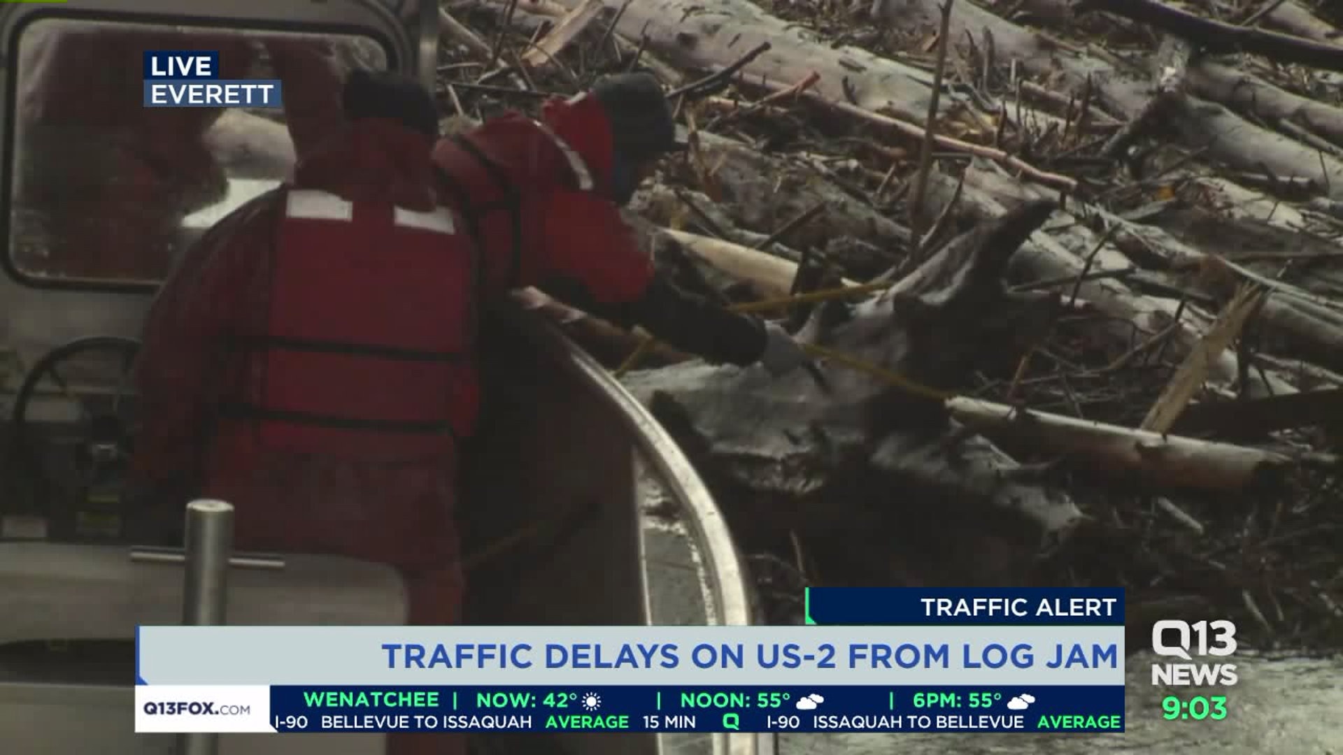 Log jam threatens bridge near Everett