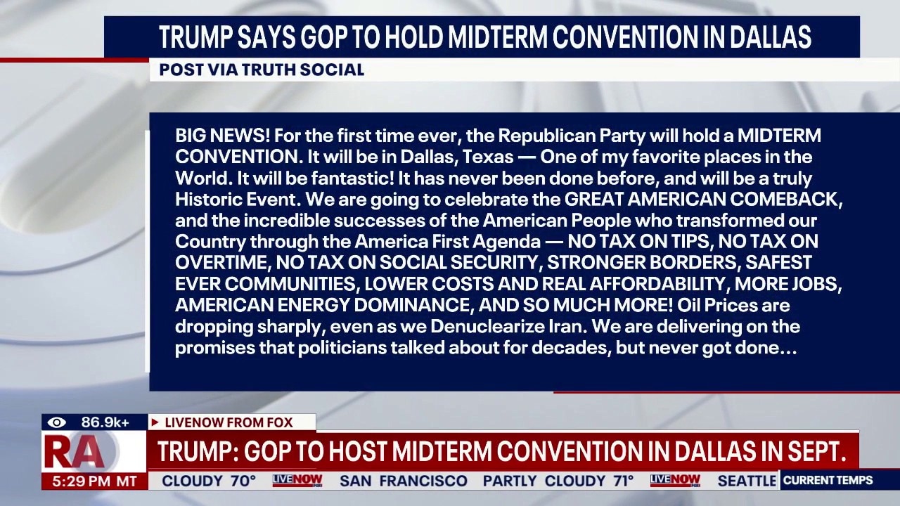 Trump says GOP to hold midterm convention in Dallas