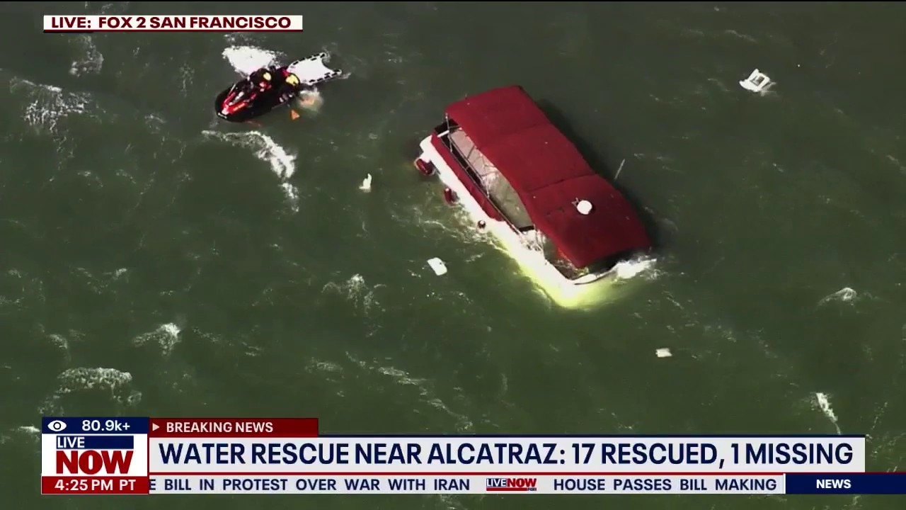 Boat rescue in San Francisco underway near Alcatraz 