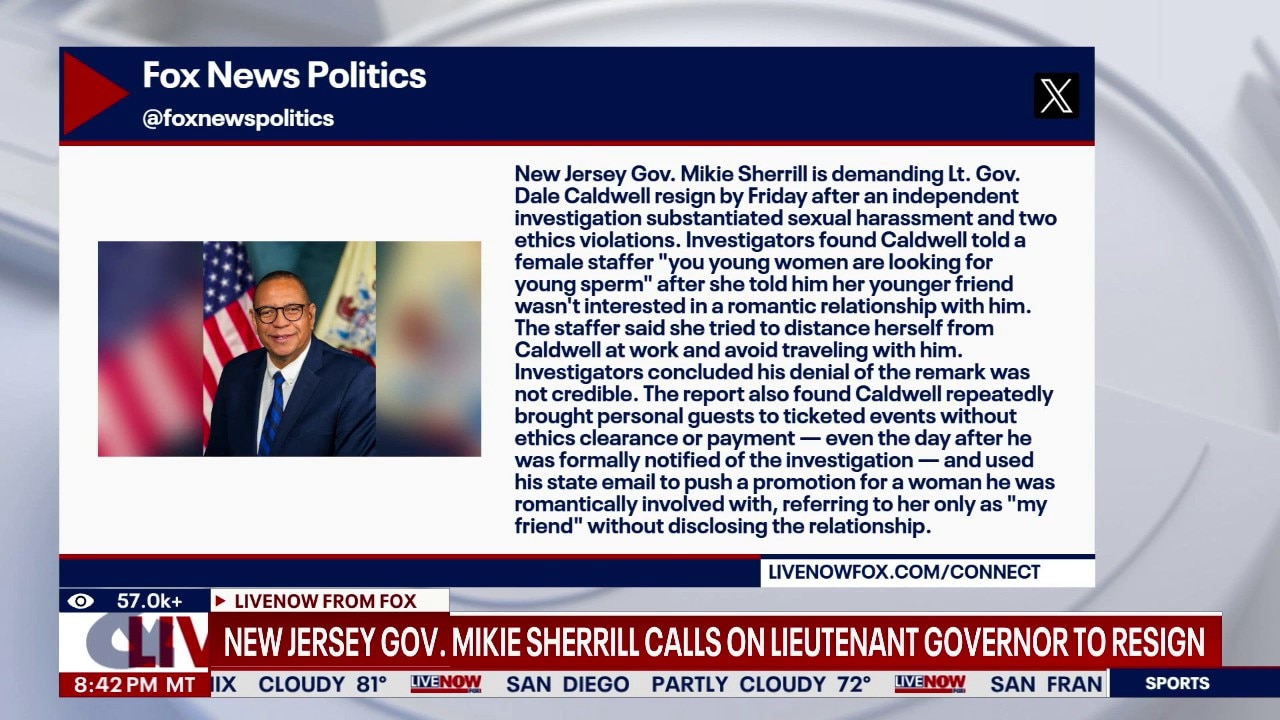 NJ governor calls on lieutenant governor to resign