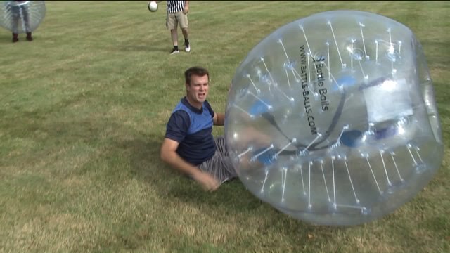Chip participates in a game of Bubble Soccer