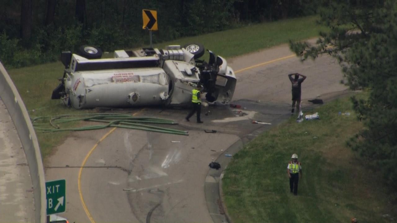 Caught on cam: Septic tank truck overturns on I-540 at I-40 entrance ramp