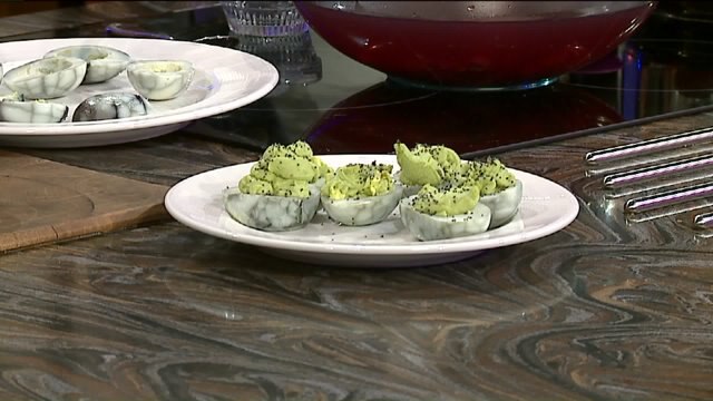 Need something for a Halloween party? Green, creamy deviled eggs with a kick!