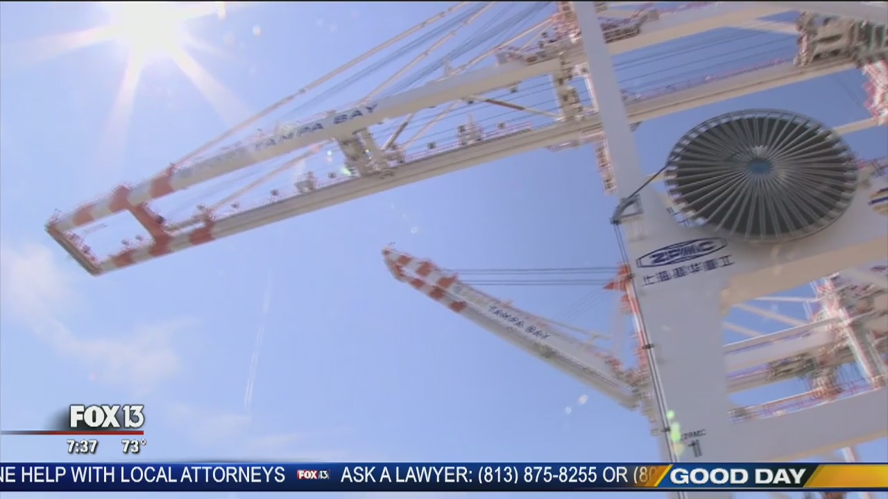 Laura Moody drives a gantry crane in Port Tampa Bay