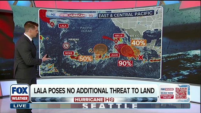 Moke continues to weaken while a tropical traffic jam persists in the Pacific