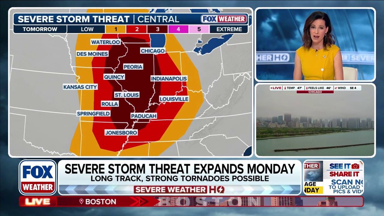 Expanding severe weather threat targets 55+ million to start the work week, with tornadoes, large hail, damaging winds expected 