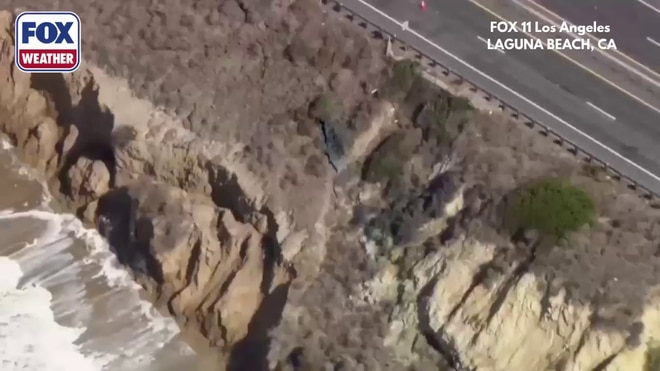 Large crack forms on shoulder of Pacific Coast Highway in Laguna Beach, California
