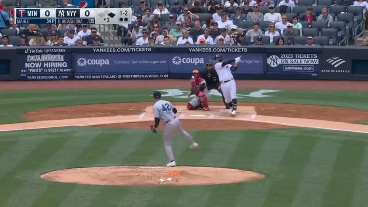 Kyle Higashioka crushes a deep two-run homer to give the Yankees an early 2-0 lead over Twins